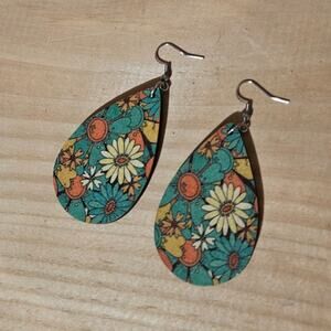 Boutique Novelty Bohemian Sunflower Pattern Teardrop Wooden Drop Earrings